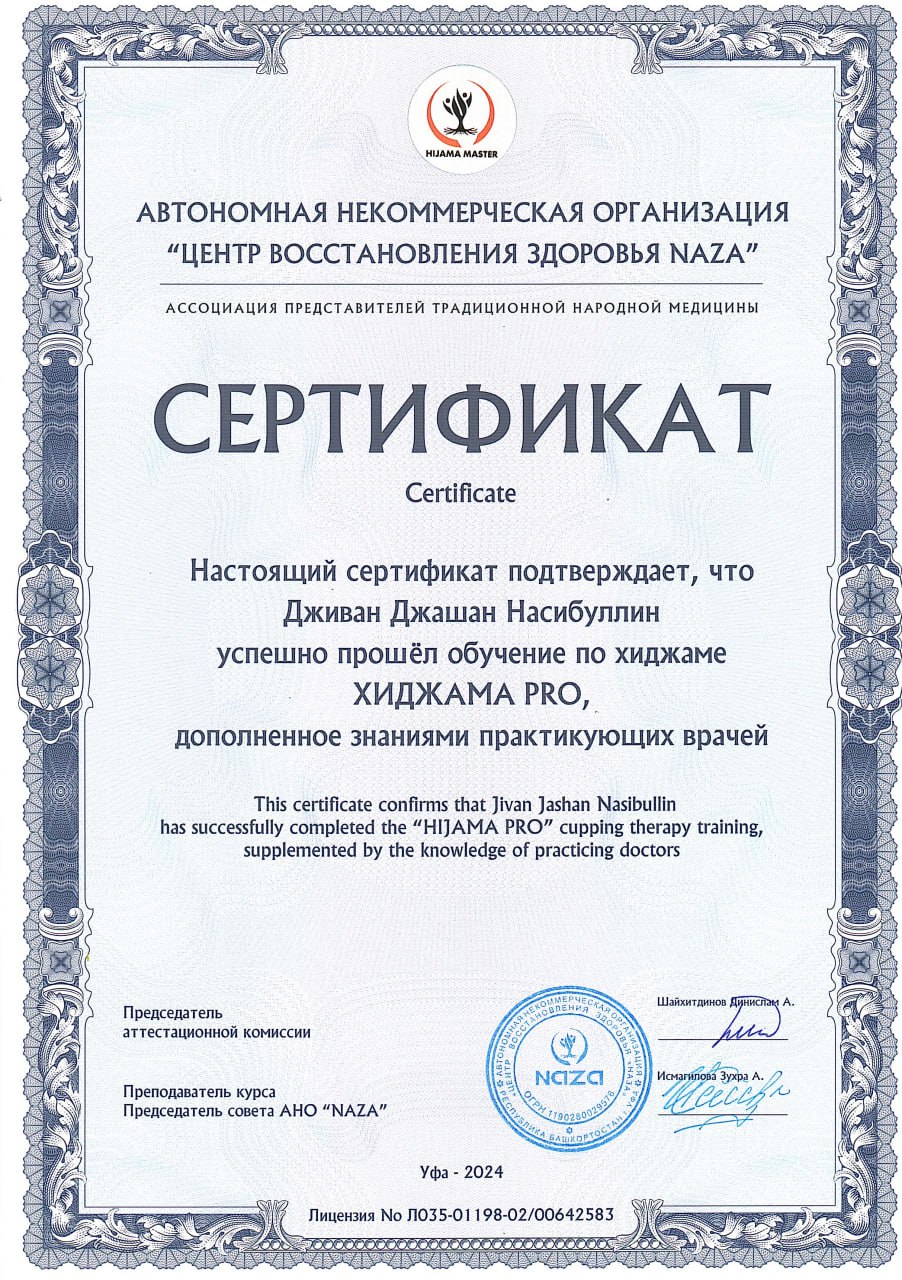 Сертификат о прохождениии курса по хиджаме 'Хиджама PRO'
